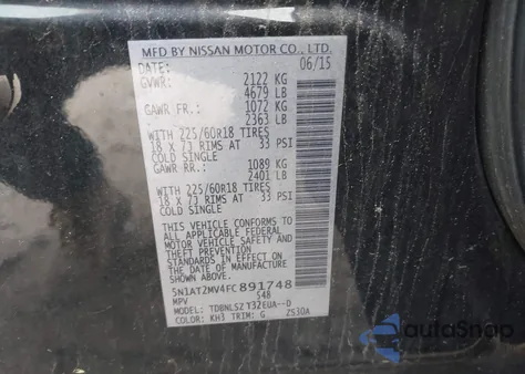 2015 Nissan Rogue Sl from USA, damaged, VIN 5N1AT2MV4FC891748